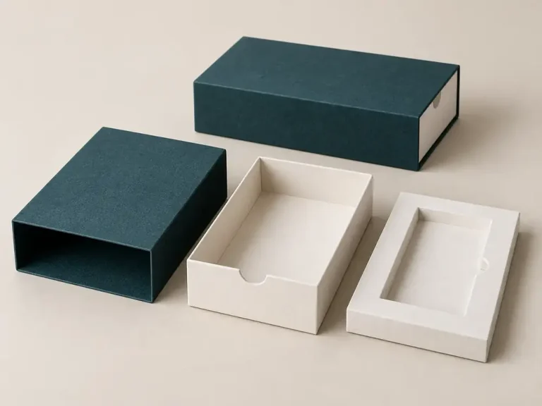 Deep teal sleeve, ivory tray and fitted paperboard insert displayed as separate box components