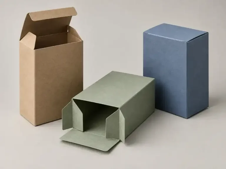 Kraft, sage and blue tuck end cartons showing open top and bottom closure flaps