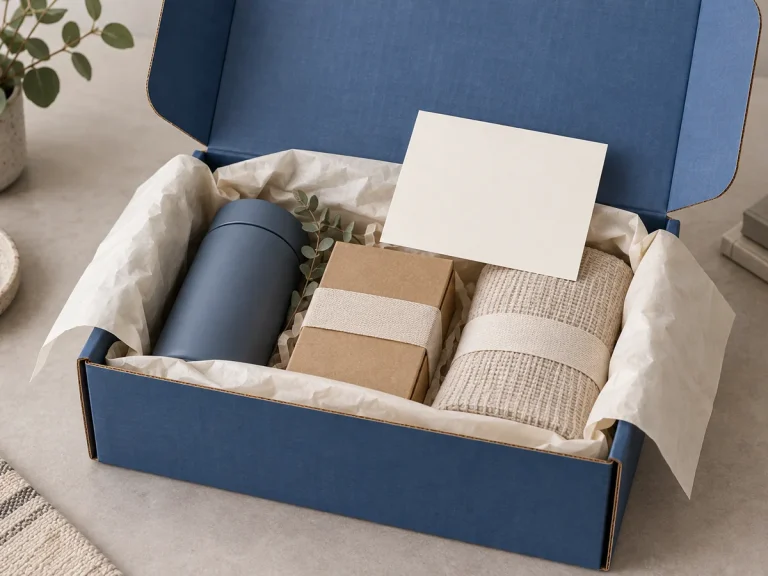 Blue unboxing corrugated mailer with cream tissue and blank presentation card