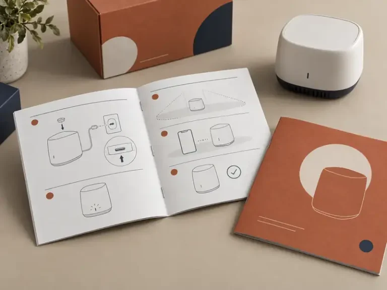 Custom saddle-stitched user instruction booklets with product setup diagrams