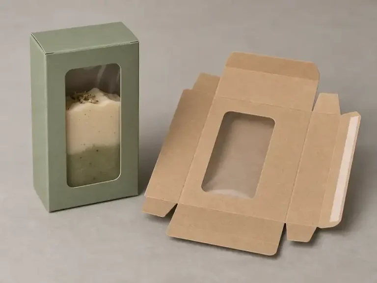 Sage window folding carton with a natural soap and a flat kraft carton showing its scored construction