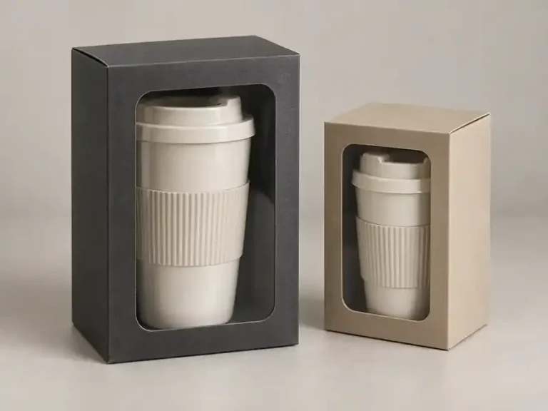 Charcoal and sand windowed retail cartons displaying unbranded cream ceramic travel cups