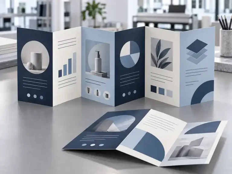 Navy, pale blue and cream six-panel Z-fold leaflets in a clear zig-zag arrangement